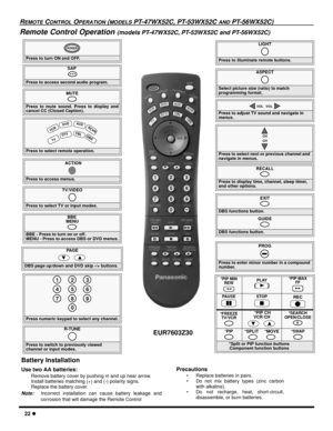 Page 2422 l
REMOTE CONTROL OPERATION (MODELS PT-47WX52C, PT-53WX52C AND PT-56WX52C)
Remote Control Operation (models PT-47WX52C, PT-53WX52C and PT-56WX52C)
               
Press to turn ON and OFF.
POWER
MUTE
Press to mute sound. Press to display and
cancel CC (Closed Caption).
SAP
 
Press to access second audio program.
TV/VIDEO
Press to select TV or input modes.
Press to select remote operation.
 VC
R
 DV
D
   
T
V
 C
BL D
BS
 
AU
X RCV
R
 D
TV
ACTION
Press to access menus.
Press to select next or previous...