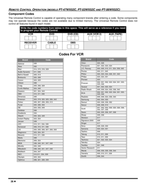 Page 2826 l
REMOTE CONTROL OPERATION (MODELS PT-47WX52C, PT-53WX52C AND PT-56WX52C)
Component Codes
The Universal Remote Control is capable of operating many component brands after entering a code. Some components
may not operate because the codes are not available due to limited memory. The Universal Remote Control does not
control all features found in each model. 
 
    
Write the code numbers from tables in this space. This will serve as a reference if you need
to program your Remote Control.
VCR
 DVD DVD...