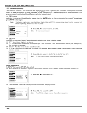 Page 3634 l
ROLLER GUIDE ICON MENU OPERATION
 (Closed Captioning)
This television contains a built-in decoder that displays   (Closed Captioned) text across the screen (white or colored
letters on black background). It allows the viewer to read the dialogue of a television program or other information. The
program viewed must include Closed Captioning for the feature to work.
r On Mute
Activates the onscreen Closed Caption feature when the MUTE button on the remote control is pressed. To deactivate
press MUTE...