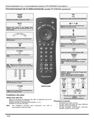 Page 7416 l
FONCTIONNEMENT DE LA TÉLÉCOMMANDE (MODÈLE PT-47WX42C SEULEMENT)
Fonctionnement de la télécommande (modèle PT-47WX42C seulement)
 
POWER
Appuyer pour établir ou couper le contact.
POWER
MUTE
 
Appuyer pour couper le son. Appuyer pour
mettre le décodeur de sous-titres (CC) en ou
hors fonction.
SAP
Appuyer pour capter la piste sonore alternative.
TV/VIDEO
 
Appuyer pour sélectionner le mode télé ou 
vidéo.
Appuyer pour sélectionner le fonctionnement 
télécommandé.
 
 T
V V
CRD
BS/CB
L DV
D
 Appuyer...