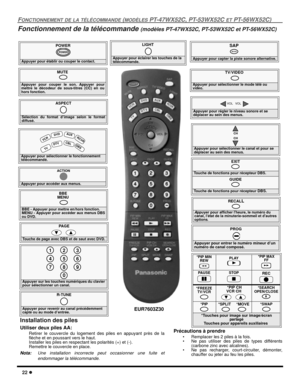 Page 8022 l
FONCTIONNEMENT DE LA TÉLÉCOMMANDE (MODÈLES PT-47WX52C, PT-53WX52C ET PT-56WX52C)
Fonctionnement de la télécommande (modèles PT-47WX52C, PT-53WX52C et PT-56WX52C)
 
POWER
Appuyer pour établir ou couper le contact.
POWER
SAP
Appuyer pour capter la piste sonore alternative.
Appuyer pour sélectionner le fonctionnement 
télécommandé.
 VC
R
 DV
D
   
T
V
 CBL DB
S
 
AUX RCV
R
 
D
TV
 Appuyer pour accéder aux menus.
ACTION
EUR7603Z30
Appuyer pour sélectionner le canal et pour se 
déplacer au sein des...