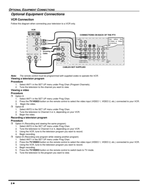 Page 108 l
OPTIONAL EQUIPMENT CONNECTIONS
Optional Equipment Connections
VCR Connection 
Follow this diagram when connecting your television to a VCR only.
. 
Note:The remote control must be programmed with supplied codes to operate the VCR. 
Viewing a television program
Procedure
1. Select ANT1 in the SET UP menu under Prog Chan (Program Channels).
2. Tune the television to the channel you want to view.
Viewing a video
Procedure
rOption A
1. Select ANT1 in the SET UP menu under Prog Chan.
2. Press the TV/VIDEO...