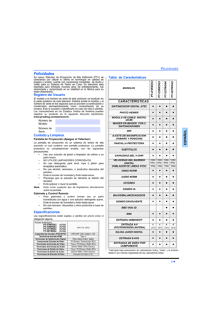 Page 41FELICIDADES
3 z
ESPAÑOL
Felicidades
Su nuevo Televisor de Proyección de Alta Definición (PTV) se
caracteriza por utilizar lo último en tecnología en calidad de
imagen y sonido, cuenta con conexiones completas  de Audio y
Video para su Sistema de Teatro en Casa. Su televisión esta
diseñada para brindarle muchos años de entretenimiento, fué
sintonizada y comprobada en su totalidad en la fábrica para su
mejor desempeño.
Registro del Usuario
El modelo y el número de serie de este producto se localizan en
la...
