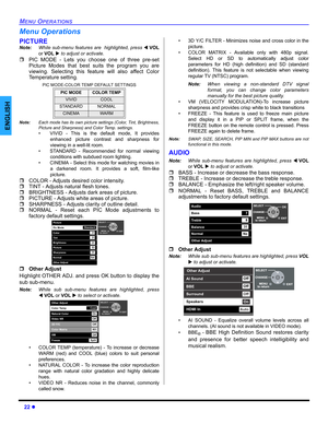 Page 2422 z
MENU OPERATIONS
ENGLISH
Menu Operations
PICTURE
Note:While sub-menu features are  highlighted, press WVOL
or VOLX to adjust or activate. 
ˆPIC MODE - Lets you choose one of three pre-set
Picture Modes that best suits the program you are
viewing. Selecting this feature will also affect Color
Temperature setting.
PIC MODE-COLOR TEMP DEFAULT SETTINGS
Note:Each mode has its own picture settings (Color, Tint, Brightness,
Picture and Sharpness) and Color Temp. settings.
• VIVID - This is the default mode,...