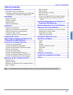 Page 43TABLA DE CONTENIDO
3 z
ESPAÑOL
Tabla de Contenido
 Información Importante.................................. 1
Información sobre la convergencia .............................    2
Información importante acerca del uso de video juegos,  
computadoras, y otros tipos de imágenes fijas .......    2
Felicidades ....................................................... 4
Registro del usuario ....................................................    4
Cuidado y limpieza...