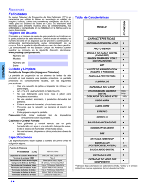 Page 444 z
FELICIDADES
ESPAÑOL
Felicidades
Su nuevo Televisor de Proyección de Alta Definición (PTV) se
caracteriza por utilizar lo último en tecnología en calidad de
imagen y sonido, cuenta con conexiones completas  de Audio y
Video para su Sistema de Teatro en Casa. Su televisión esta
diseñada para brindarle muchos años de entretenimiento, fué
sintonizada y comprobada en su totalidad en la fábrica para su
mejor desempeño.
Registro del Usuario
El modelo y el número de serie de este producto se localizan en
la...