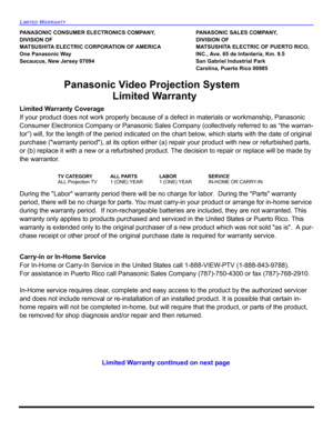 Page 78LIMITED WARRANTY  
PANASONIC CONSUMER ELECTRONICS COMPANY,  PANASONIC SALES COMPANY,
DIVISION OF DIVISION OF
MATSUSHITA ELECTRIC CORPORATION OF AMERICA   MATSUSHITA ELECTRIC OF PUERTO RICO, 
One Panasonic Way  INC., Ave. 65 de Infanteria, Km. 9.5
Secaucus, New Jersey 07094 San Gabriel Industrial Park
Carolina, Puerto Rico 00985
Panasonic Video Projection System
Limited Warranty
Limited Warranty Coverage
If your product does not work properly because of a defect in materials or workmanship, Panasonic...