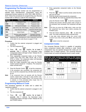 Page 1816 z
REMOTE CONTROL OPERATION
ENGLISH
Programming The Remote Control
The Universal Remote Control can be programmed to
operate many manufacturers’ components, using the
component function buttons for VCR, DVD, DBS, RCVR or
AUX. Follow the procedures for programming your Remote
Control with or without a code for the component.
Note:Determine the manufacturer of the component and look
in the table for the code (found on pages 17~18).
Procedure
1. Confirm that the external component is plugged and...