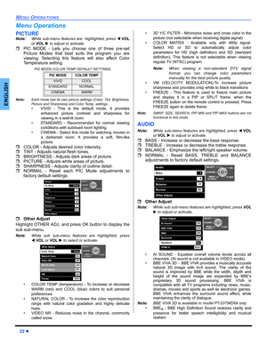 Page 2422 z
MENU OPERATIONS
ENGLISH
Menu Operations
PICTURE
Note:While sub-menu features are  highlighted, press WVOL
or VOLX to adjust or activate. 
ˆPIC MODE - Lets you choose one of three pre-set
Picture Modes that best suits the program you are
viewing. Selecting this feature will also affect Color
Temperature setting.
PIC MODE-COLOR TEMP DEFAULT SETTINGS
Note:Each mode has its own picture settings (Color, Tint, Brightness,
Picture and Sharpness) and Color Temp. settings.
• VIVID - This is the default mode,...