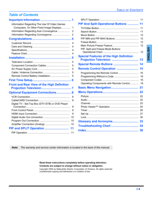 Page 5TABLE OF CONTENTS
3 z
ENGLISH
Table of Contents
Important Information ..................................... 1
Information Regarding The Use Of Video Games
Computers, Or Other Fixed Image Displays .............   1
Information Regarding Auto Convergence .................    2
Information Regarding Convergence ..........................    2
Congratulations ............................................... 4
Customer Record........................................................    4
Care and Cleaning...