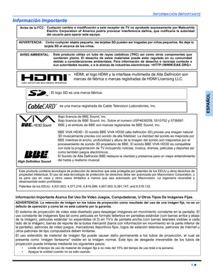 Page 41INFORMACIÓN IMPORTANTE
1 z
ESPAÑOL
Información Importante
Cualquier cambio o modificación a este receptor de TV no aprobado expresamente por Matsushita
Electric Corporation of America podria provocar interferencia dañina, que nulificaría la autoridad
del usuario para operar este equipo.
Este producto utiliza un tubo de rayos catódicos (TRC) así como otros componentes que
contienen plomo. El desecho de estos materiales puede estar regulado en su comunidad
debido a consideraciones ambientales. Para...