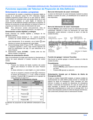 Page 53FUNCIONES ESPECIALES DEL TELEVISOR DE PROYECCIÓN DE ALTA DEFINICIÓN
13 z
ESPAÑOL
Funciones especiales del Televisor de Proyección de Alta Definición
Sintonización de canales y programas
La sintonización de canales y programas en televisión digital es
distinta de la televisión actual. En DTV (Televisión Digital),
multiples programas pueden existir en un solo canal de  6MHZ.
Estos canales se comportan como sub-canales dentro de un solo
canal. Cuando sintonize un canal digital, el televisor de
proyección de...