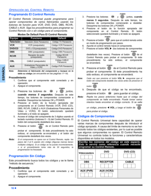 Page 5616 z
OPERACIÓN DEL CONTROL REMOTO
ESPAÑOL
Programando El Control Remoto
El Control Remoto Universal puede programarse para
operar componentes de varios fabricantes usando los
botones de función para VCR, DVD, DVD, DBS, RCVR,
CABLE o AUX. Siga los procedimientos para programar su
Control Remoto con o sin código para el componente.
Nota: Determine el fabricante del componente y busque en la
tabla su código (
se encuentra en las paginas 17~18).
Procedimiento
1. Confirme que el componente esté conectado y...