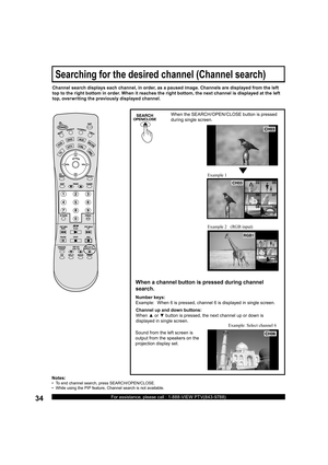 Page 3434For assistance, please call : 1-888-VIEW PTV(843-9788)
When the SEARCH/OPEN/CLOSE button is pressed 
during single screen.
When a channel button is pressed during channel 
search.
Sound from the left screen is 
output from the speakers on the 
projection display set. Channel search displays each channel, in order, as a paused image. Channels are dis played from the left 
top to the right bottom in order. When it reaches the right bottom, the next channel is displayed at the left 
top, overwriting the...