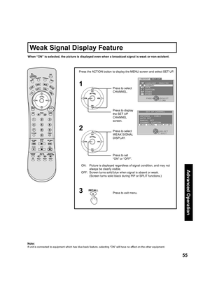 Page 5555
Advanced Op er a tion
1
2
Press the ACTION button to display the MENU screen and select SET UP.
ON:  Picture is displayed regardless of signal condition, and may not 
always be clearly visible.
OFF:  Screen turns solid blue when signal is absent or weak. 
(Screen turns solid black during PIP or SPLIT functions.)Press to select 
CHANNEL.
Press to display 
the SET UP 
CHAN NEL 
screen.
Press to set 
“ON” or “OFF”. Press to select 
WEAK SIG NAL 
DISPLAY.
Press to exit menu.3
Note:
If unit is connected to...