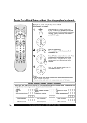 Page 7070For assistance, please call : 1-888-VIEW PTV(843-9788)
Setting to the remote using the step and set method
(When code is not known):
3
4 1
2
Press and hold the POWER and ACTION 
buttons simultaneously for at least 5 seconds. 
After 5 seconds, all the illuminated mode buttons 
will begin to ﬂ 
ash. Then let go of the POWER 
and ACTION button.
Press the mode button.
The mode button will illuminate steadily, all 
others will go out.
Press “►” button to step to the next code. Press 
POWER button to send a...