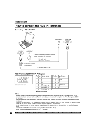 Page 2222For assistance, please call : 1-888-VIEW PTV(843-9788) or, contact us via the web at: http://www.panasonic.com/contactinfo
RGB OUT AUDIO OUT
COMPUTER
How to connect the RGB IN Terminals
Notes:
•   Some PC models cannot be connected to the set. A conversion adapter is required to use the RGB cable (D-SUB 15P) to 
connect a Macintosh computer to the set. There is no need to use an adapter for computers with PC / AT compatible D-SUB 
15P terminal.
•   The computer shown in the illustration is for example...