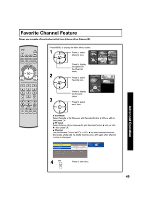 Page 4949
Advanced Op er a tion
CH
CH VOL VOL
OK
■ Surf Mode:
Select Favorite or All Channels with Remote Control ◄ VOL or VOL ►, 
then press OK.
■ RF Input:
Select Antenna (A) or Antenna (B) with Remote Control ◄ VOL or VOL 
►, then press OK.
■ Channel:
Use the Remote Control ◄ VOL or VOL ► to select desired channels, 
then press OK to add. To delete channel, press OK again while channel 
number is displayed.
CH
CH VOL VOL
OK
Press MENU to display the Main Menu screen.
Press to select 
Channel icon.
Press to...
