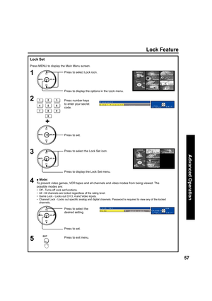 Page 5757
Advanced Op er a tion
CH
CH VOL VOL
OK
Lock Feature
Lock Set
■ Mode:
To prevent video games, VCR tapes and all channels and video modes from being viewed. The 
possible modes are:
•   Off - Turns off Lock set functions.
•   All - All channels are locked regardless of the rating level.
•   Game Lock - Locks out CH 3, 4 and Video inputs.
•   Channel Lock - Locks out speciﬁ 
c analog and digital channels. Password is required to view any of the locked 
channels.
1
3Press to select Lock icon.
Press to...