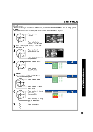 Page 5959
Advanced Op er a tion
Block Program
This feature allows you block movies and television programs based on the MPA A and U.S. TV ratings system.
  ■ MPAA:
The MPA A uses standard movie ratings to block unwanted movies from being displayed.
CH
CH VOL VOL
OK
5 4
Press to select MPA A.CH
CH VOL VOL
OK
Press to enter 
the MPA A ﬁ 
eld.
Press to select On or Off.
6Press to select the desired 
rating level.
(See page 63.)CH
CH VOL VOL
OK
Press to change the rating 
limit to “Viewable” or 
“Blocked”.
7Press...