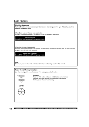 Page 6262For assistance, please call : 1-888-VIEW PTV(843-9788) or, contact us via the web at: http://www.panasonic.com/contactinfo
  Reset User’s Memory Functions
Use when moving unit to a new location, or if the secret password is forgotten.
 
Blocking Messages
Various Blocking messages are displayed on-screen depending upon the type of blocking you have 
selected in the Lock menu.
When Game Lock or Channel Lock is selected:
Following message is displayed if you attempt to tune to channels or select video....