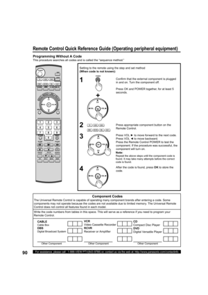 Page 9090For assistance, please call : 1-888-VIEW PTV(843-9788) or, contact us via the web at: http://www.panasonic.com/contactinfo
Setting to the remote using the step and set method
(When code is not known):
3
4 1
2
Conﬁ 
rm that the external component is plugged 
in and on. Turn the component off.
Press appropriate component button on the 
Remote Control.
Press VOL ► to move forward to the next code. 
Press VOL ◄ to move backward.
Press the Remote Control POWER to test the 
component. If the procedure was...