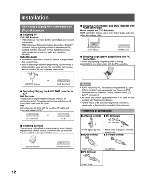 Page 1212
Installation
Connected Equipment Introduction 
(Signal source)
Watching TV
VHF/UHF Antenna
NTSC (National Television System Committee): Conventional 
broadcasting
ATSC (Advanced Television Systems Committee): Digital TV 
Standards include digital high-definition television (HDTV), 
standard-definition television (SDTV), data broadcasting, 
multi-channel surround-sound audio and interactive 
television.
Cable Box/Cable
You need to subscribe to a cable TV service to enjoy viewing 
their programming.
You...