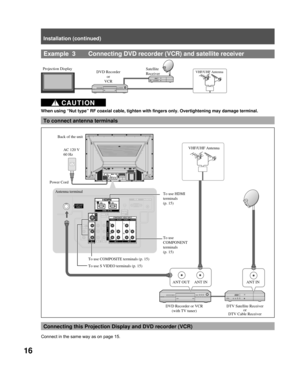Page 1616
Example  3   Connecting DVD recorder (VCR) and satellite receiver
DVD Recorderor 
VCR
Projection DisplayVHF/UHF AntennaSatellite 
Receiver
ANT OUT ANT IN
Antenna terminal
Back of the unit
VHF/UHF Antenna
Power Cord To use HDMI 
terminals 
(p. 15)
To use 
COMPONENT 
terminals 
(p. 15)
To use COMPOSITE terminals (p. 15)
To use S VIDEO terminals (p. 15)
DVD Recorder or VCR(with TV tuner) ANT IN
DTV Satellite Receiver or
DTV Cable Receiver
Connecting this Projection Display and DVD recorder (VCR)
Connect...