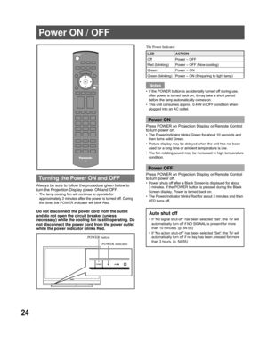 Page 2424
Turning the Power ON and OFF
Always be sure to follow the procedure given below to 
turn the Projection Display power ON and OFF.
The lamp cooling fan will continue to operate for 
approximately 3 minutes after the power is turned off. During 
this time, the POWER indicator will blink Red.
Do not disconnect the power cord from the outlet 
and do not open the circuit breaker (unless 
necessary) while the cooling fan is still operating. Do 
not disconnect the power cord from the power outlet 
while the...