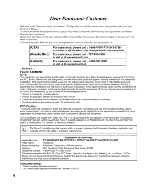 Page 44
Welcome to the Panasonic family of customers. We hope that you will have\
 many years of enjoyment from your new 
Projection Display.
To obtain maximum benefit from your set, please read these Instructions \
before making any adjustments, and retain 
them for future reference.
Retain your purchase receipt also, and record the serial number of your \
set in the space provided on the rear cover of 
these instructions.
Visit our Panasonic Web Site for USA : www.panasonic.com / for Canada : \...