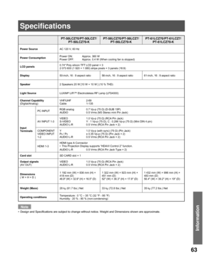 Page 6363
Information
PT-50LCZ70/PT-50LCZ7/PT-50LCZ70-K PT-56LCZ70/PT-56LCZ7/
PT-56LCZ70-K PT-61LCZ70/PT-61LCZ7/
PT-61LCZ70-K
Power Source AC 120 V, 60 Hz
Power Consumption Power ON:  Approx. 360 W
Power OFF:  Approx. 0.4 W (When cooling fan is stopped)
LCD panels 0.74″ Poly silicon TFT LCD panel × 3
2 073 600 (1 920 × 1 080) stripe pixels × 3 panels (16:9)
Display 50-inch, 16 : 9 aspect ratio 56-inch, 16 : 9 aspect ratio 61-inch, 16 : 9 aspect ratio
Speaker 2 Speakers 20 W [10 W + 10 W ] (10 % THD)
Light...