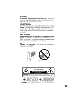 Page 21
WARNING:  To reduce the risk of electric shock do not remove cover or back.
No user-serviceable parts inside.  Refer servicing to qualified service personnel.
The exclamation point within a
triangle is intended to tell the
user that important operating
and servicing instructions are in
the papers with the appliance. The lightning flash with arrow
head within a triangle is
intended to tell the user that
parts inside the product are a
risk of electric shock to persons.
RISK OF ELECTRIC SHOCK
DO NOT OPEN...