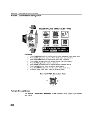 Page 1312
ROLLER GUIDE MENU NAVIGATION
Roller Guide Menu Navigation
Procedure
1. Press the ACTION button on the Remote Control to display the Roller Guide Menu.  
2. Press the CH up/down to rotate the Roller Guide to the desired feature.
3. Press the ACTION button to display main menus and submenus.  
4. Press the CH up/down buttons to highlight desired main menu feature. 
5. Press the VOL right button to enter submenus.
6. Press the CH up/down buttons to highlight desired submenu feature.
7. Press the VOL...