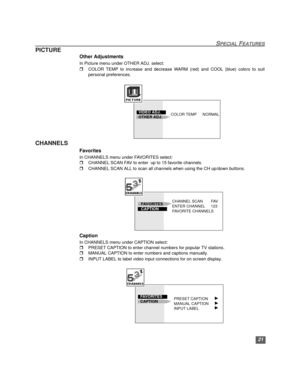 Page 2221
SPECIAL FEATURES
PICTURE
Other Adjustments
In Picture menu under OTHER ADJ. select:
rCOLOR TEMP to increase and decrease WARM (red) and COOL (blue) colors to suit
personal preferences.
      
CHANNELS
Favorites
In CHANNELS menu under FAVORITES select:
rCHANNEL SCAN FAV to enter  up to 15 favorite channels.
rCHANNEL SCAN ALL to scan all channels when using the CH up/down buttons. 
Caption
In CHANNELS menu under CAPTION select:
rPRESET CAPTION to enter channel numbers for popular TV stations. 
rMANUAL...
