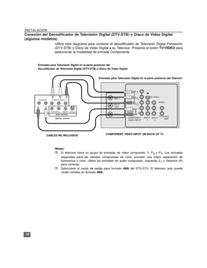 Page 3610
INSTALACIÓN
Conexión del Decodificador de Televisión Digital (DTV-STB) o Disco de Video Digital
(algunos modelos)
Utilice este diagrama para conectar el decodificador de Televisión Digital Panasonic
(DTV-STB) o Disco de Video Digital a su Televisor. Presione el botón TV/VIDEO para
seleccionar la modalidad de entrada Componente
. 
 
Notas: 
rEl televisor tiene un grupo de entradas de video compuesto: Y, PB y PR. Los entradas
separadas para las señales compuestas de color, proveen una mejor separación...