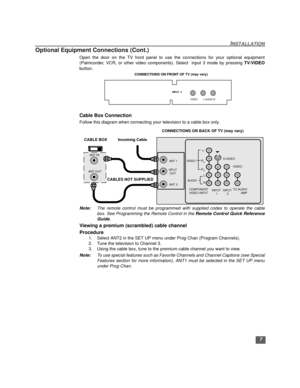 Page 87
INSTALLATION
Optional Equipment Connections (Cont.)
Open the door on the TV front panel to use the connections for your optional equipment
(Palmcorder, VCR, or other video components). Select  input 3 mode by pressing TV/VIDEO
button
.  
Cable Box Connection 
Follow this diagram when connecting your television to a cable box only.
Note:The remote control must be programmed with supplied codes to operate the cable
box. See Programming the Remote Control in the Remote Control Quick Reference
Guide....