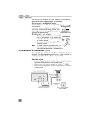 Page 226
INSTALLATION
Câble / antenne
Pour assurer une réception de qualité optimale, le raccordement à
une antenne ou à la câblodistribution est nécessaire.
 
Branchement à la câblodistribution
Brancher le téléviseur au câble de la compagnie de
câblodistribution.
Il peut être nécessaire dutiliser un câblosélecteur
pour assurer une réception de qualité optimale.  Pour
des renseignements sur la compatibilité, consulter la
compagnie de câblodistribution.
Branchement à une antenne 
• Pour une bonne réception des...