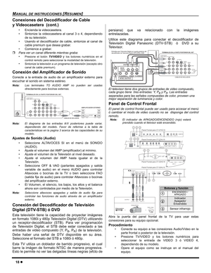 Page 2018z
MANUAL DE INSTRUCCIONES [RESUMEN]
Conexiones del Decodificador de Cable 
y Videocasetera  (cont.)
• Encienda la videocasetera.
• Sintonize la videocasetera al canal 3 o 4, dependiendo
de su televisión.
• Usando el decodificador de cable, sintonize al canal de
cable premium que desea grabar.
• Comience a grabar.
ˆPara ver un canal diferente mientras graba:
•
Presione el botón TV/VIDEO ylos botones numéricos en el
control remoto para seleccionar la modalidad de televisión.
•Sintonize la televisión a un...