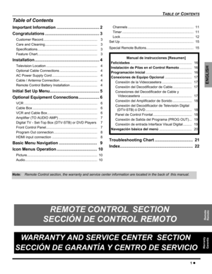 Page 3TABLE OF CONTENTS
1z
ENGLISH
REMOTE CONTROL  SECTION   
WARRANTY AND SERVICE CENTER  SECTION
Remote WarrantySECCIÓN DE CONTROL REMOTORemoto
SECCIÓN DE GARANTÍA Y CENTRO DE SERVICIOGarantía
Table of Contents
Important Information ..................................... 2
Congratulations ............................................... 3
Customer Record........................................................    3
Care and Cleaning ......................................................    3...