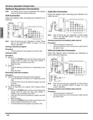 Page 86z
OPTIONAL EQUIPMENT CONNECTIONS
ENGLISH
Optional Equipment Connections
Note:The remote control must be programmed with supplied
codes to operate the optional equipment.
VCR Connection 
Follow this diagram when connecting your television to a
VCR only.     
Note:Rear A/V jacks may vary, depending on model. Please
refer to the FEATURE CHART on page 3 for your
model’s capabilities.
Viewing a television program
Procedure
• Tune the television to the program you want to view.
Viewing a video
Procedure...