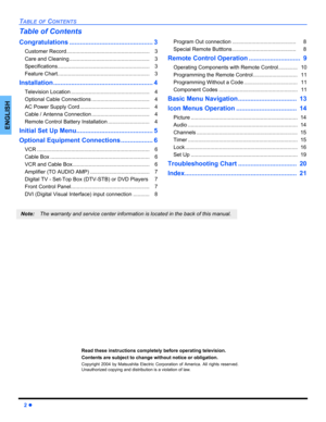 Page 42 z
TABLE OF CONTENTS
ENGLISH
Table of Contents
Congratulations ............................................... 3
Customer Record........................................................    3
Care and Cleaning ......................................................    3
Specifications..............................................................    3
Feature Chart..............................................................    3
Installation ........................................................ 4...