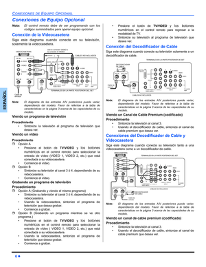 Page 326 z
CONEXIONES DE EQUIPO OPCIONAL
ESPAÑOL
Conexiones de Equipo Opcional
Nota:El control remoto debe de ser programando con los
codigos suministrados para operar equipo opcional.
Conexión de la Videocasetera 
Siga este diagrama cuando conecte en su televisión,
solamente la videocasetera.  
Nota:El diagrama de las entradas A/V posteriores puede variar,
dependiendo del modelo. Favor de referirse a la tabla de
caracteristicas en la página 3 acerca de las capacidades de su
modelo. 
Viendo un programa de...