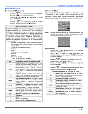 Page 43OPERACIÓN DEL MENU DE ICONOS
17 z
ESPAÑOL
BLOQUEO (cont.)
Programas de EEUU (cont.)
• Presione  dos veces para regresar V-CHIP SET.
• Presione CH T para realzar TIEMPO?
• Presione WVOL ó VOL X para seleccionar 12, 24, 48
horas ó SIEMPRE.
• Presione  dos veces para regresar al Menu
Principal, despues presione CH S para salir.
Tabla De Programas De EEUU 
Peliculas de EEUU
Las características de este modelo de televisión y la
“Tecnología V-CHIP” permite usar clasificaciones al ver
películas o vídeos. Esta...