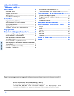 Page 522 z
TABLE DES MATIÈRES
FRANÇAIS
Table des matières
Félicitations ...................................................... 3
Dossier du client .........................................................    3
Entretien et nettoyage.................................................    3
Spécifications..............................................................    3
Table des caractéristiques ..........................................    3
Installation ........................................................ 4...