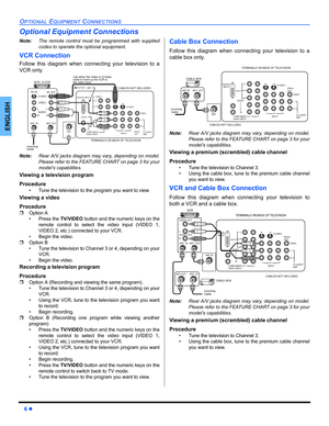 Page 86 z
OPTIONAL EQUIPMENT CONNECTIONS
ENGLISH
Optional Equipment Connections
Note:The remote control must be programmed with supplied
codes to operate the optional equipment.
VCR Connection 
Follow this diagram when connecting your television to a
VCR only.     
Note:Rear A/V jacks diagram may vary, depending on model.
Please refer to the FEATURE CHART on page 3 for your
model’s capabilities.
Viewing a television program
Procedure
• Tune the television to the program you want to view.
Viewing a video...