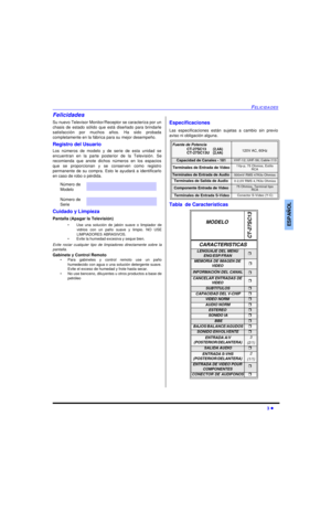 Page 23FELICIDADES3 lESPAÑOLFelicidades
Su nuevo Televisor Monitor/Receptor se caracteriza por un
chasis de estado sólido que está diseñado para brindarle
satisfacción por muchos años. Ha sido probada
completamente en la fábrica para su mejor desempeño.
Registro del Usuario
Los números de modelo y de serie de esta unidad se
encuentran en la parte posterior de la Televisión. Se
recomienda que anote dichos números en los espacios
que se proporcionan y se conserven como registro
permanente de su compra. Esto le...