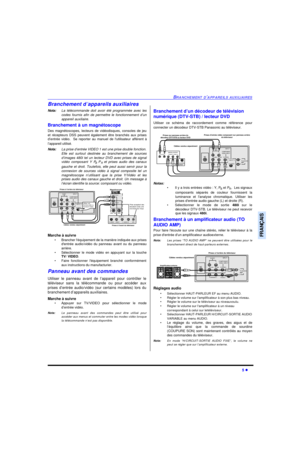 Page 45BRANCHEMENT D’APPAREILS AUXILIAIRES5 lFRANÇAISBranchement d’appareils auxiliaires
Nota:La télécommande doit avoir été programmée avec les
codes fournis afin de permettre le fonctionnement d’un
appareil auxiliaire.
Branchement à un magnétoscope 
Des magnétoscopes, lecteurs de vidéodisques, consoles de jeu
et récepteurs DSS peuvent également être branchés aux prises
d’entrée vidéo.  Se reporter au manuel de lutilisateur afférent à
l’appareil utilisé. 
Nota:La prise d’entrée VIDEO 1 est une prise double...