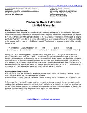 Page 59LIMITED WARRANTY  (FOR MODELS SOLD IN USA ONLY)PANASONIC CONSUMER ELECTRONICS COMPANY,PANASONIC SALES COMPANY,
DIVISION OF:DIVISION OF:
MATSUSHITA ELECTRIC CORPORATION OF AMERICAMATSUSHITA ELECTRIC OF PUERTO RICO, 
One Panasonic WayINC.,  Ave. 65 de Infanteria, Km. 9.5
Secaucus, New Jersey 07094San Gabriel Industrial Park
Carolina, Puerto Rico 00985
Panasonic Color Television 
Limited Warranty
Limited Warranty Coverage
If your product does not work properly because of a defect in materials or...