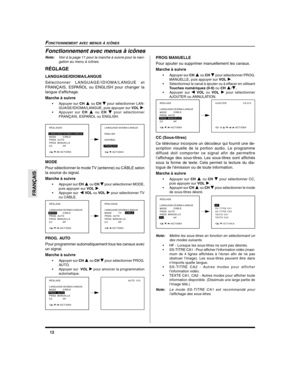 Page 5412
FRANÇAIS
FONCTIONNEMENT AVEC MENUS À ICÔNES
Fonctionnement avec menus à icônes
Note:Voir à la page 11 pour la marche à suivre pour la navi-
gation au menu à icônes.
RÉGLAGE
LANGUAGE/IDIOMA/LANGUE
Sélectionner LANGUAGE/IDIOMA/LANGUE et
FRANÇAIS, ESPAÑOL ou ENGLISH pour changer la
langue d’affichage.
Marche à suivre
•Appuyer sur CH  ou CH  pour sélectionner LAN-
GUAGE/IDIOMA/LANGUE, puis appuyer sur VOL 
.
•Appuyer sur CH 
 ou CH  pour sélectionner
FRANÇAIS, ESPAÑOL ou ENGLISH.
MODE
Pour sélectionner le...