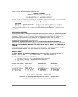 Page 66LIMITEDWARRANTY (FOR MODELS SOLD IN CANADA ONLY)
Panasonic Canada Inc.
5770 Ambler Drive, Mississauga, Ontario L4W 2T3
PANASONIC PRODUCT - LIMITED WARRANTY
Panasonic Canada Inc. warrants this product to be free from defects in material and workmanship and agrees to remedy 
any such defect for a period as stated below from the date of original purchase.
In-home Service will be carried out only to locations accessible by roads and within 50 Km of an authorized Panasonic 
service facility.
LIMITATIONS AND...